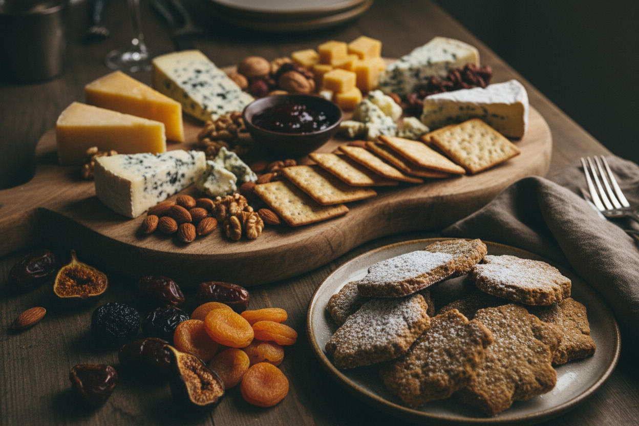 image un peu sombre de biscuits artisanaux, fruits secs ou planche apéritive conviviale
