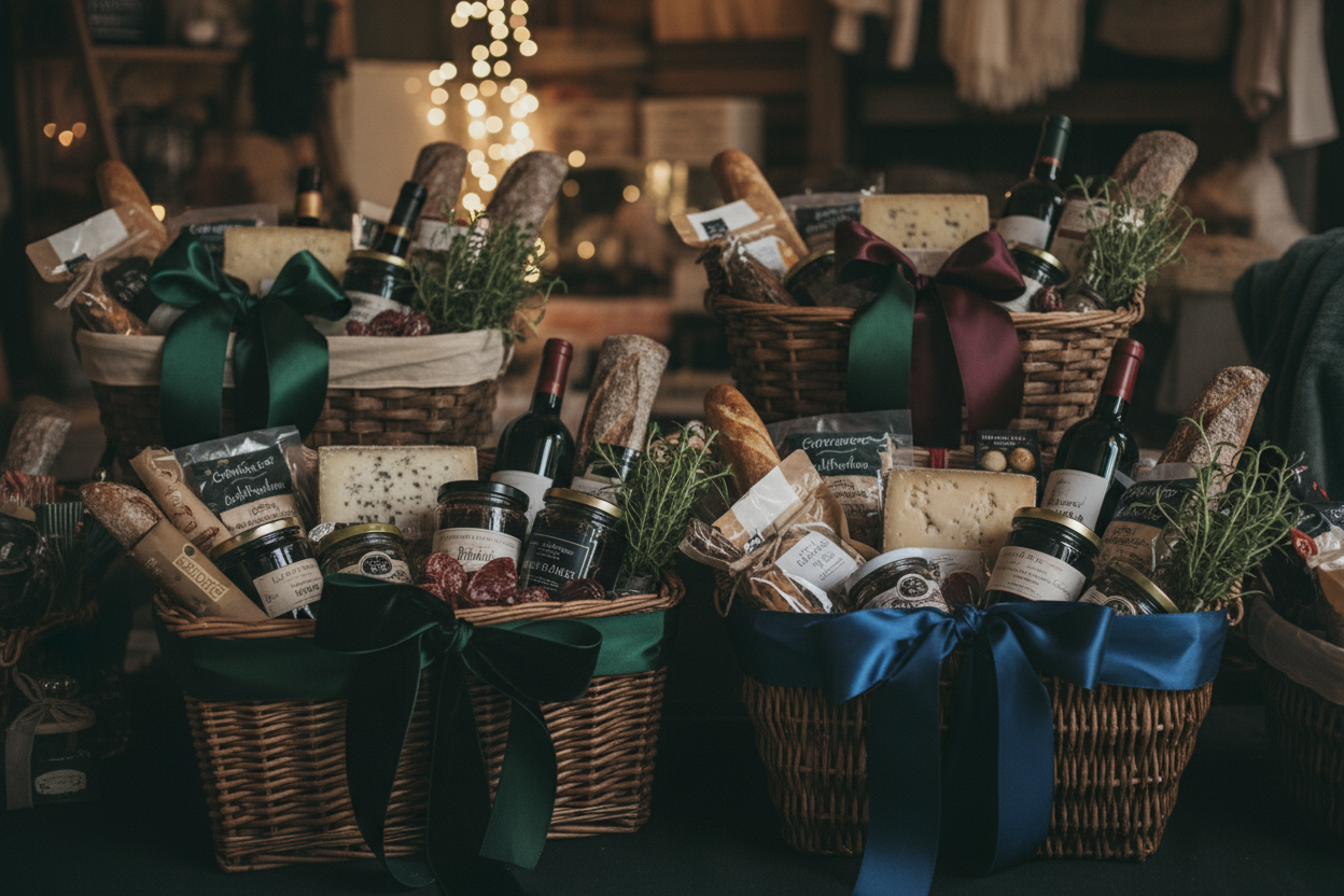 image un peu sombre de Paniers gourmands cadeaux avec rubans, produits locaux, ambiance chaleureuse